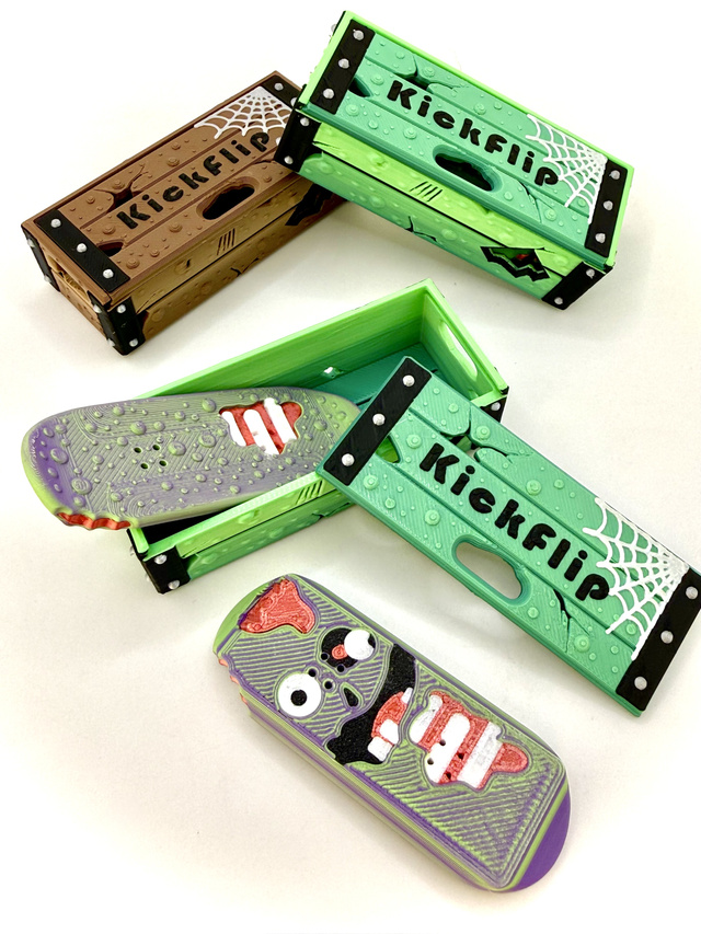 Zombie Pickle magnetic kickflip fidget deck with Halloween storage crates