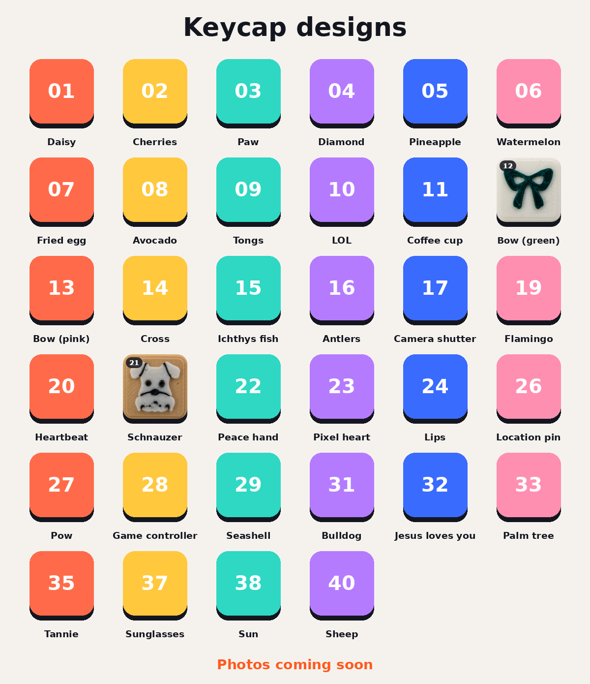 Keycap designs numbered 01 to 40