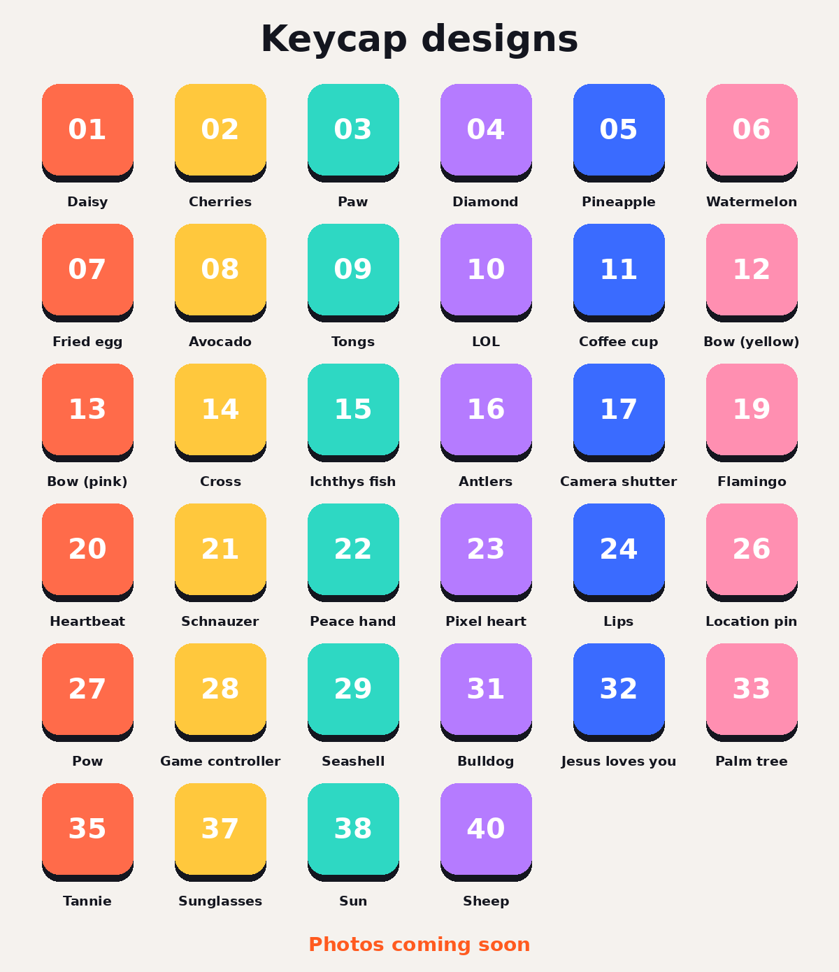 Keycap designs numbered 01 to 40